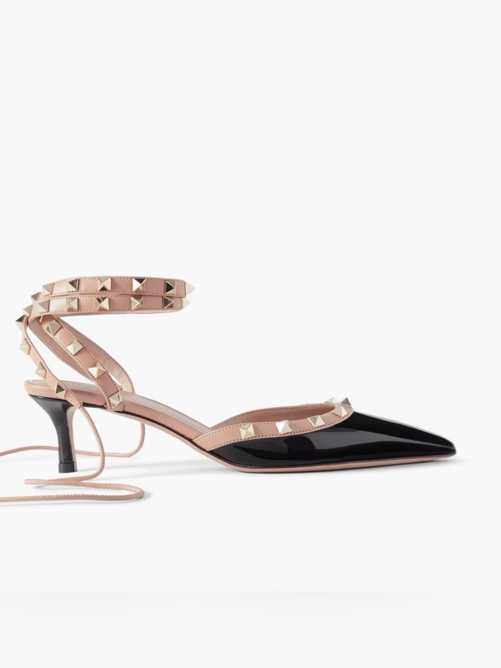 Valentino Garavani Black Patent and Blush Pink Rockstud Lace-Up Pumps